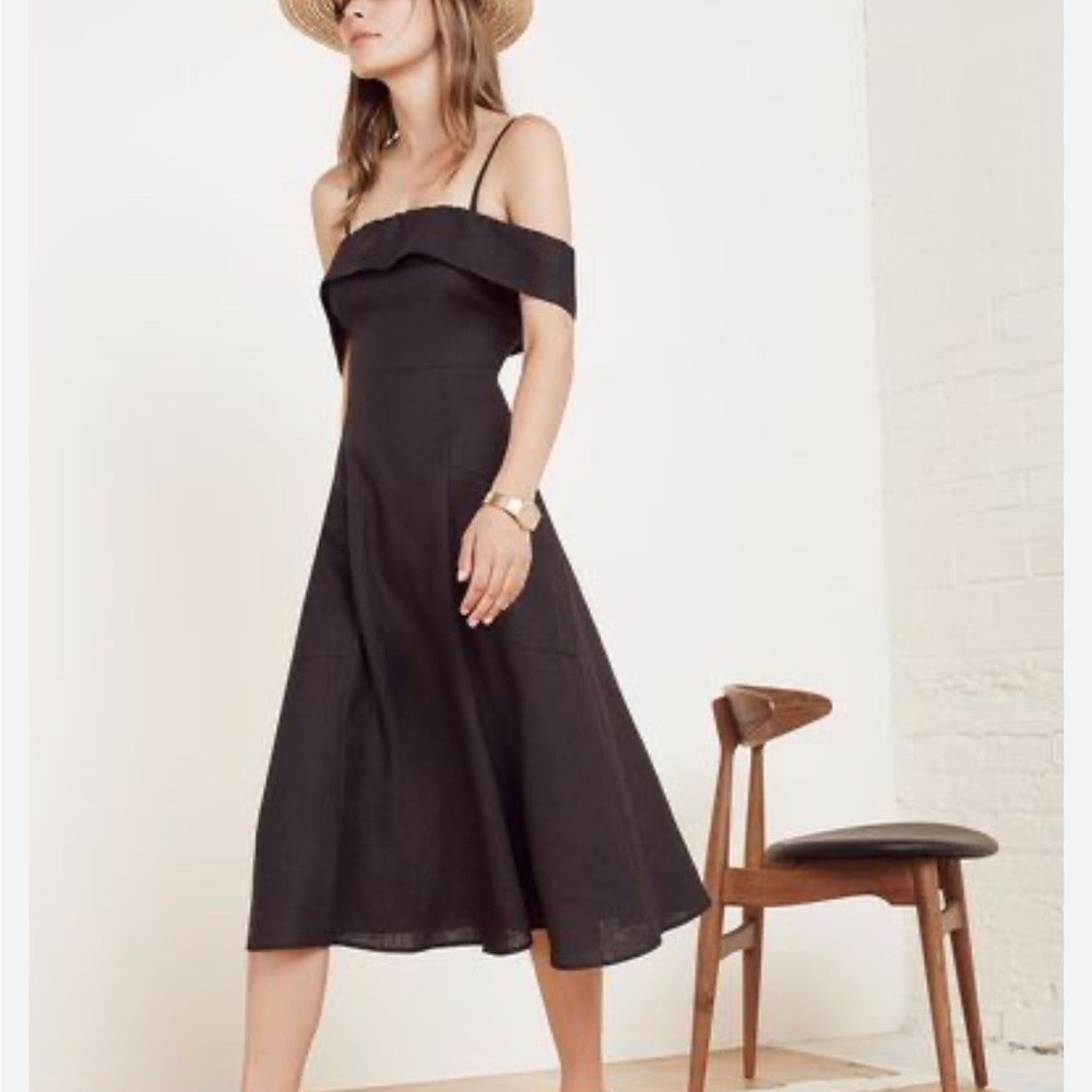 Reformation Black Off-Shoulder Midi Dress